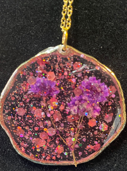 Delicate Purple Flowers in Gold Pendant