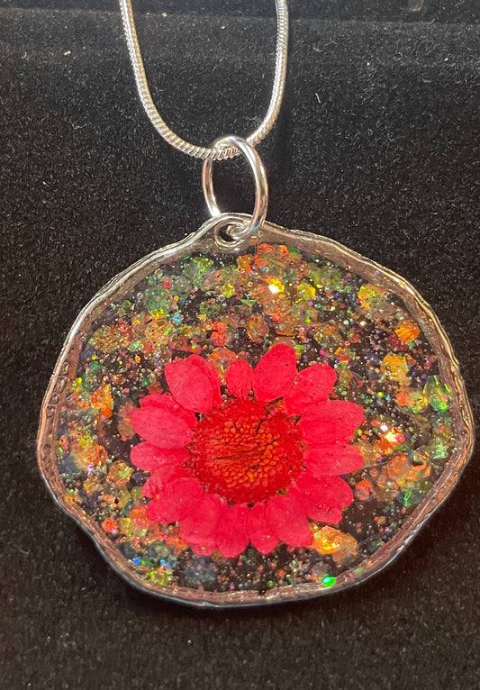 Silver Pendant with Dark Pink Flower