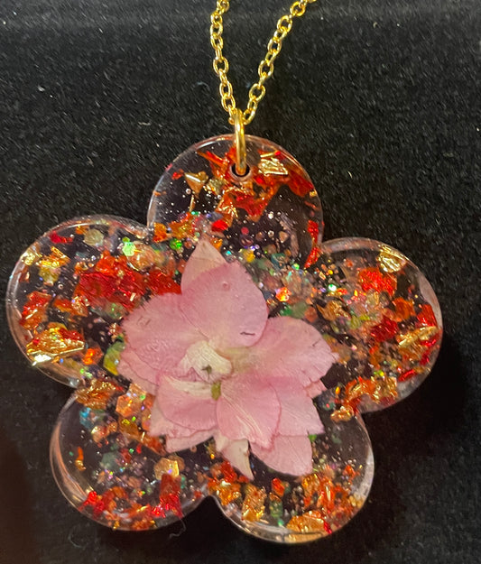 Flower Shaped Pink Flower Necklace with Gold and Red Foil