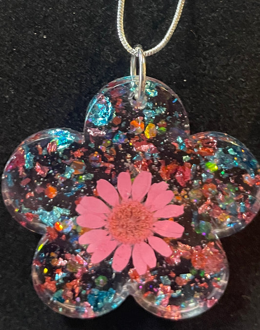 Flower Shaped Pink Flower Necklace with Pink and Blue foil accents