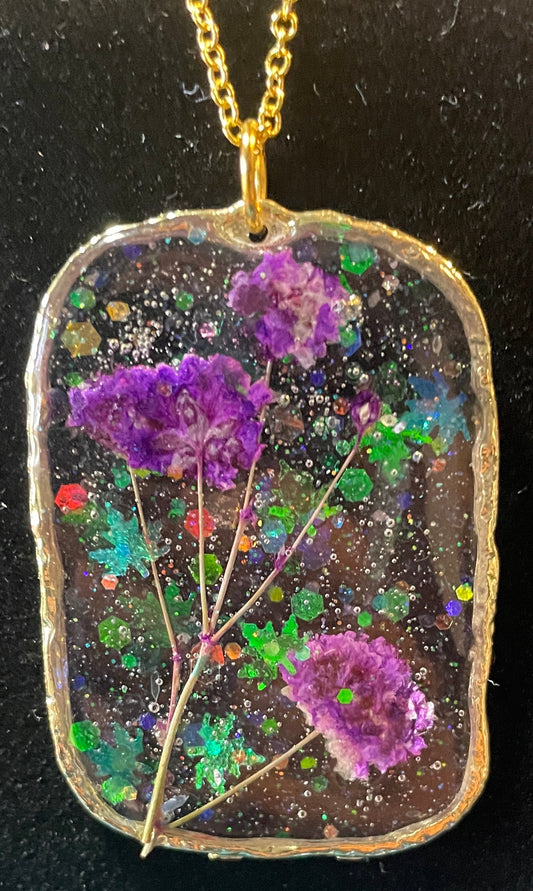 Delicate Purple Flowers in Gold Rectangular Pendant