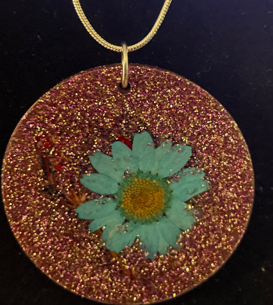 Circular Purple Glitter Blue Flower Necklace