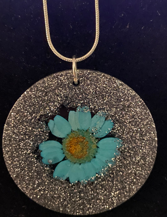 Circular Silver Glitter Blue Flower Necklace