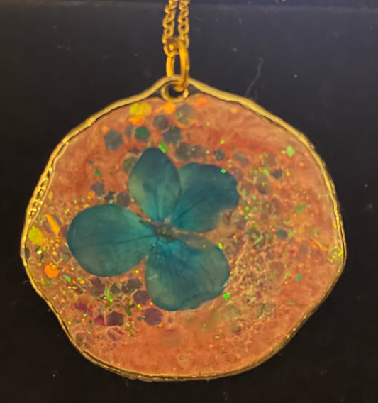 Blue Flower/pink background Pendant in Gold Trim