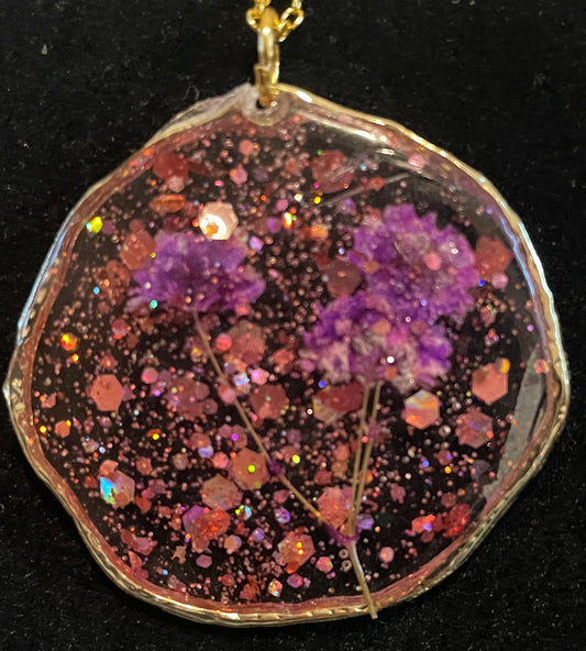 Delicate Purple Flowers in Gold Pendant