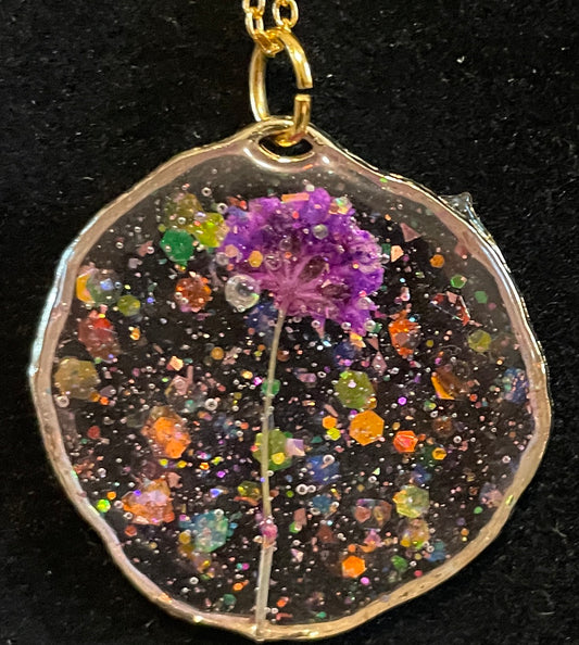 Single Purple Flower in Gold Pendant