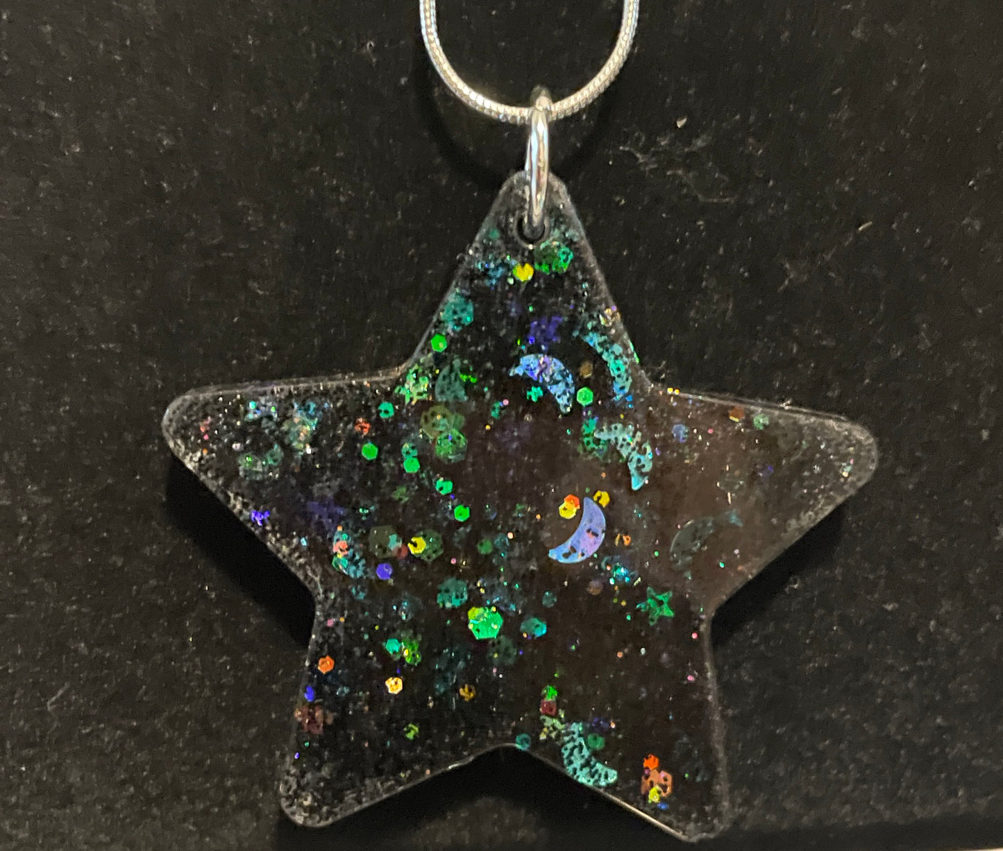 Black Glitter Star Necklace with Moons and Stars